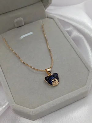 Collar y Dije con Diseño de Oso con Piedras Azul Marino