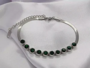 Pulsera de Dama Diseño Cola de Rata Plana con Piedras Verdes en Acero Inoxidable