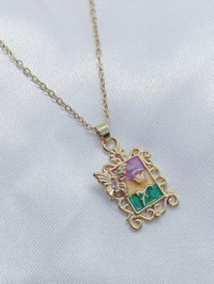 Collar de Dama Diseño de Cuadro Multicolor con Rosa y Mariposa