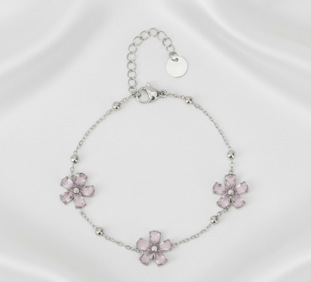 Pulsera de Dama con Diseño de Flores en Acero Inoxidable